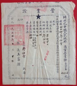 1952年川北巴中县《廖祖金商业营业证》。川北巴中县人民政府制发，45cmX21Cm，九五品。