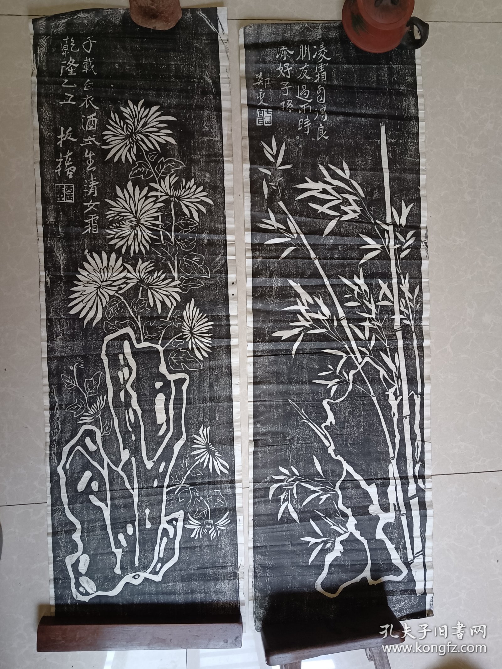 郑板桥梅兰竹菊四条屏拓片，难得老货，八十年代西安旅游购入，保存完好，106*33*4，单位厘米