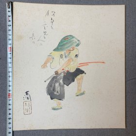 日本回流色纸，卡纸画，明治末昭和初期日本画家，山中古洞直笔人物画作，武士图