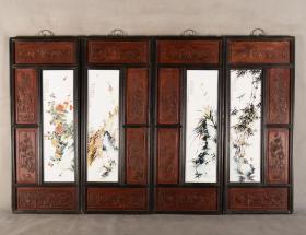 红木雕花框镶粉彩花鸟瓷板画《梅兰竹菊》挂屏一组！！！