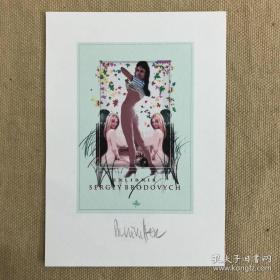 《金发与黑发美女》藏书票，Exlibris Sergey Brodovych，Priit Vaher制作并签名