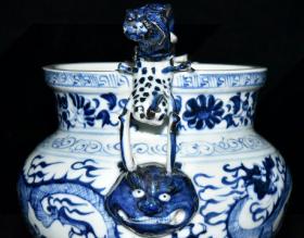 元青花龙纹兽头香炉    古玩古董老瓷器收藏   21x20