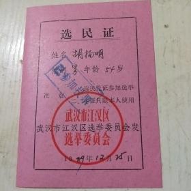 1989年武汉江汉区选民证(证件)