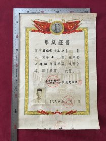 1956年，上海市新成区大通路第二小学毕业证书，带学生照片，尺寸：38.5*26.5厘米，品如图，150包邮。