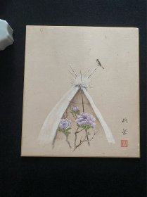 日本舶来 手绘作品 “花鸟”色纸镜心