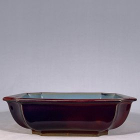 钧窑玫瑰紫釉四方倭角洗，高6直径22cm