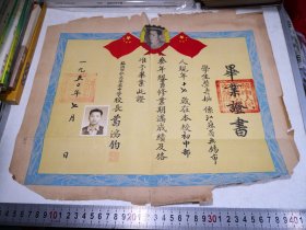 稀少1950年苏州市私立萃英中学毕业证书，学生荣寿枢无锡市人（荣氏家族？），校长葛鸿钧，苏南人民行政公署文教处印章，背面有历年各科成绩表。尺寸约40-34㎝，有折痕边缘有老化小裂口等瑕疵，如图。带双旗毛主席像。