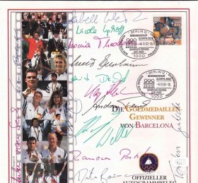 德国 1992 10月9日巴塞罗那奥运会15x金牌获得者官方签名封 邮票