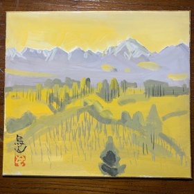 日本回流色纸，卡纸画，日本画家鸟山榎本良，水粉画，雪山秋景，昭和55年，1980年9月18日，27*24cm