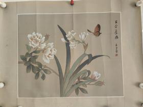 著名画家 石舟 七八十年代娟本 工笔花鸟精品 百合香风 原装原裱 画心40/32 约一平尺