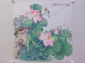 保真书画，张玉清工笔花鸟画佳作《荷花翠鸟》，尺寸72×69cm，软片。
张玉清，中国诗书画研究院理事，中国著名工笔画画家，老一辈艺术家，1943年生，师从田世光先生，作品入选第六届全国美展，第三届全国年画展获铜奖，并收入中国现代美术全集，曾应邀为中南海、毛主席纪念堂、北京饭店、京西、京丰宾馆和国家领导人作画。