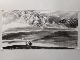 保真书画，杨鸿林山水画一幅，尺寸70×137cm，软片。杨鸿林，1985年考入中央美院国画系学习深造.师从黄润华.贾又福等教授。 现为中国美术家协会会员.中国东方文化研究会研究员.中国先秦史学会书画院副院长.北京[华夏美术]杂志主编.北京陶然画院副院长。