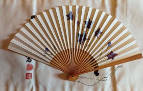 紫的桔梗 日本回流京扇纸扇新年扇，展幅38Cm，高22.5Cm 竹扇骨，印品 透珠吊坠，保管品。