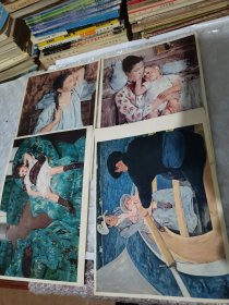 16开插图散页 布面油画 印刷品 5张合售 （《梳头的女孩子》、《埃米和她的孩子》、《划船的伙伴》巜蓝色扶手椅中的小女孩》4张