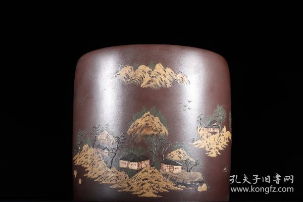 泥绘山水紫砂文房笔斗款识：杨季初 清代高 16.8口径18cm