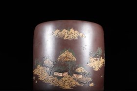 泥绘山水紫砂文房笔斗款识：杨季初 清代高 16.8口径18cm