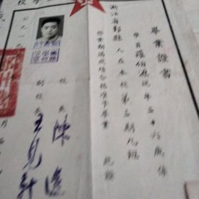1950年6月29日浙江省鄞县羅伯源在铁路职工学校第三期九班修业期酱成绩合格，准予毕业的毕业证书(有照片照片上有郑圳铁路职工学校校长之章，方印一枚)