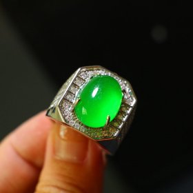 缅甸贵重宝石祖母绿戒指绿宝石翡翠色银镶嵌复古霸气男士活口指环