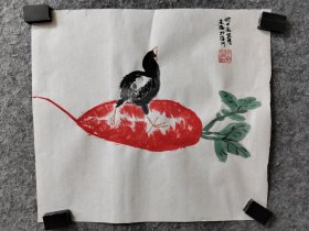 朱威写意花鸟小品，小鸡萝卜