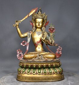 铜鎏金佛像，彩绘持剑文殊菩萨,高37厘米宽23厘米重量5.8斤