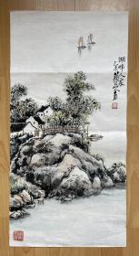 二平尺条幅软片《湖畔人家》、安徽名家洪国文先生精品佳作【34*69cm】