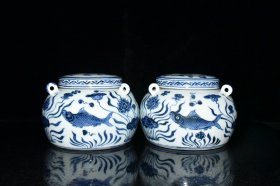 明宣德青花鱼藻纹三系盖罐一对【11.5x16.5cm】