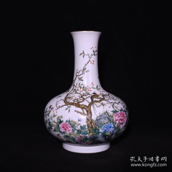 旧藏 清雍正粉彩花鸟纹扁肚瓶 高29.5×22厘米