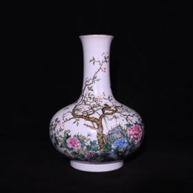 旧藏 清雍正粉彩花鸟纹扁肚瓶 高29.5×22厘米