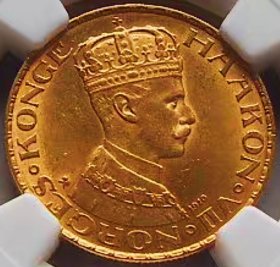 少见1910年挪威国王哈康七世20克朗金币NGC评级MS62收藏