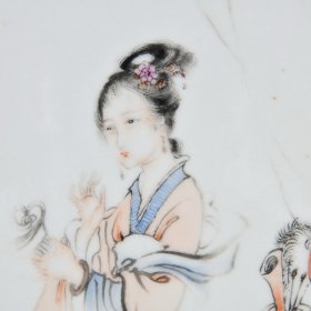 民国骆虎牛羊绘粉彩仕女图瓷板画 高39.6宽18.2厘米2
