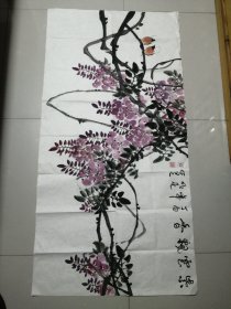 保真一万年！枣庄市中美协主席杜明亮大幅绘画作品《紫雲飄香》，尺寸136x68.5公分，品相如图所示。