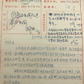 中国集邮总公司旧藏建国初珍贵集邮文献：时任邮政总局局长荣健生、中国邮票总公司总经理宋兴民、中国邮票总公司经理王安国、中国集邮总公司邮票发行局负责人薛铁签批，胡誉淳、王百隆手书处理意见，1963年南斯拉夫集邮公司关于新邮发行信件译文稿一组，附南斯拉夫集邮公司来信及“新邮导报”一份，共三页