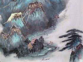 保真书画,何海霞入室弟子,陈君四尺斗方《松云拥青山》山水一幅,纸本画心,尺寸:69*64