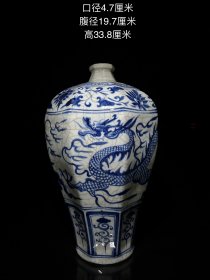 手绘元青花祥云纹龙八棱梅瓶一只，开片均匀。