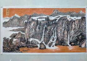 保真书画，俄小燕《家山情意浓》六尺整纸山水画97×180cm托片，俄小燕，字晨春，甘肃省庆阳市人。结业于清华大学美术学院书画高研班。师从李宝林，旷小津等导师。现为中国（北京）新燕都画院副秘书长、北京红森尚艺画院画家、北京翰宇轩书画院副院长，中国人民大学旺为胜新传统国展创作室画家。