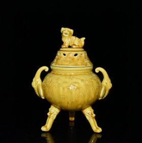 明代弘治黄釉雕刻仙鹤纹熏香炉 古玩古董古瓷器老货收藏
