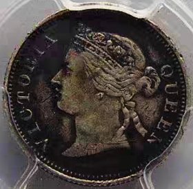 少见黑包浆1873年英属海峡殖民地维多利亚5分银币PCGS评级VF收藏