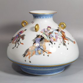 清雍正款 上下翠料边 粉彩明皇击球图四耳尊