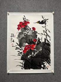 刘继红画家六尺三开水墨荷花大写意花鸟国画作品蜂鸟荷塘水墨画卧室画入门画中美协画家精品水墨荷花画大红袍画家真迹作品