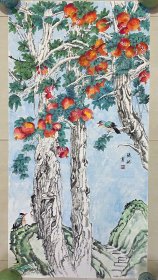 石榴树，两只小兰雀，石榴寓意多子多福，写意画法，纯手绘，假一赔万，墨透纸背的，，陕西省西安市美协张妮老师的原创大作，老师画的非常细，笔法苍劲有力，浓淡干湿枯，石榴和小鸟画的很写实，很传神。尺寸1.38米×70公分的，四尺整张的，家里客厅，卧室，书房，茶室，玄关都可悬挂，朋友结婚，家有喜事，乔迁新居送礼再好不过了，非常合适，很有意境的一幅画！