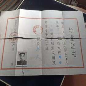 北京市第五中学 毕业证 1956年(中间撕裂开 不缺肉)