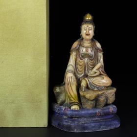 珍藏寿山石手工雕刻彩绘持经观音像摆件，佛像净长10厘米宽6厘米高15厘米，净重640克，