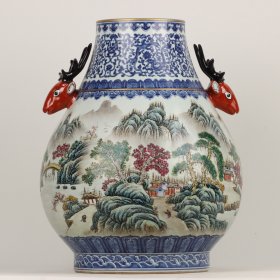 大清乾隆年制青花粉彩山水人物故事纹鹿头尊 高48cm 宽36cm