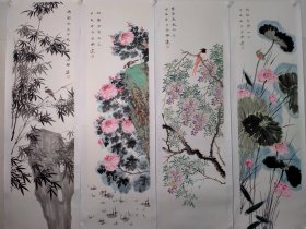 保真书画，学院派新秀，徐全举六尺对开四条屏花鸟画佳作180×48.5cm×4，纸本托片，徐全举，毕业于天津美术学院中国画系，进修于中央美术学院中国画造型艺术专业，河南省美术家协会会员，郑州市美术家协会会员。