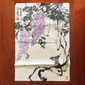 著名画家，中央美术学院国画系主任焦可群先生花鸟画《紫藤麻雀图》2.6平尺，保真