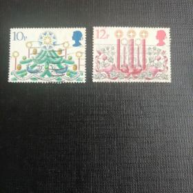 英国邮票：1980年圣诞节邮票圣诞树与蜡烛信销散票2枚实拍如图收藏保真（节日题材）