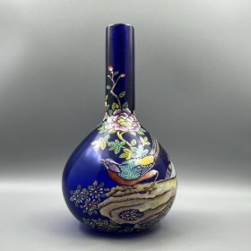 旧藏深绿色琉璃 手工绘画粉彩【锦上添花】花瓶 尺寸：大肚直径9x高16.8厘米