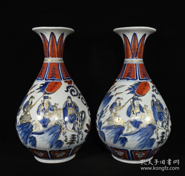 旧藏 元白浒孤窑款矾红青花描金唐太宗人物故事纹玉壶春瓶一对 高46×27厘米