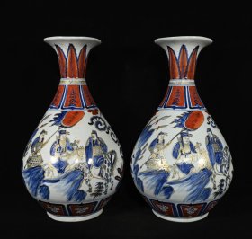 旧藏 元白浒孤窑款矾红青花描金唐太宗人物故事纹玉壶春瓶一对 高46×27厘米