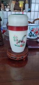 60年代孟州牌彩绘花鸟保温杯一个，绶带鸟牡丹花，富贵长寿，河南孟县玻璃制品厂出品，完整，轻微划痕。